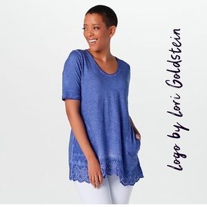 LOGO by Lori Goldstein Distressed Cotton
Slub Top with Eyelet Hem